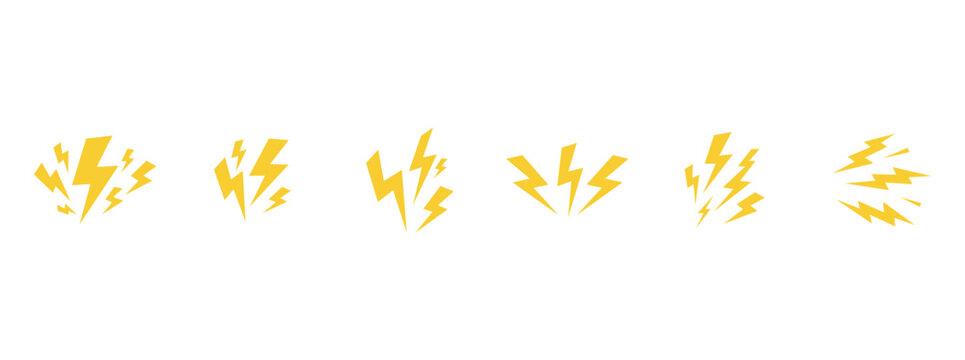 Comic Thunderbolt and Lightning Shock Effects with Yellow Electric Bursts, Loud Sound Symbols, Energy Flash Icons for Action and Speed Designs