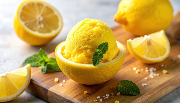 Lemon and Mint Ice Cream with Fresh Lemon Slices, Refreshing Citrus Dessert with Juicy Yellow Lemon and Green Mint Leaves, Isolated on White Background