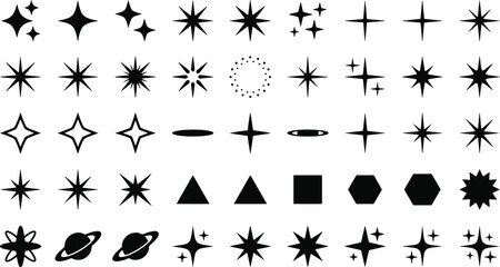 Fototapeta premium Set of black magical sparkle star and magic glitter icons vector design elements with astronomy geomerty triangle abstract decorative ornament collection silhouette background