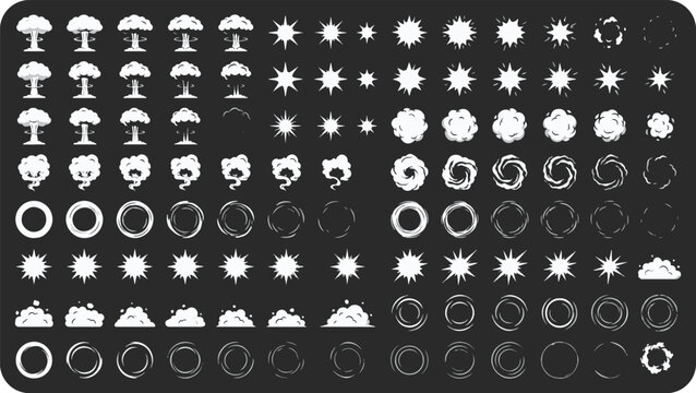Retro game pixel explosion and magic particle effect sprite sheet vector illustration with explosion particle animation destruction collection interface development software abstract