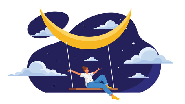 Woman swinging on moon swing in starry night sky vector illustration