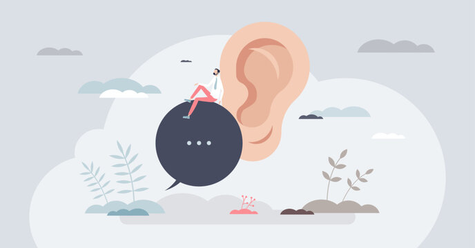 Active listening skills shown through a giant ear, a speech bubble, and a seated person, symbolizing empathy, attention, and open dialogue in a calm scene. Tiny style