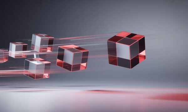 Abstract digital composition of multiple translucent cubes, in shades of red and gray, appearing to move through a gray and light-gray background space