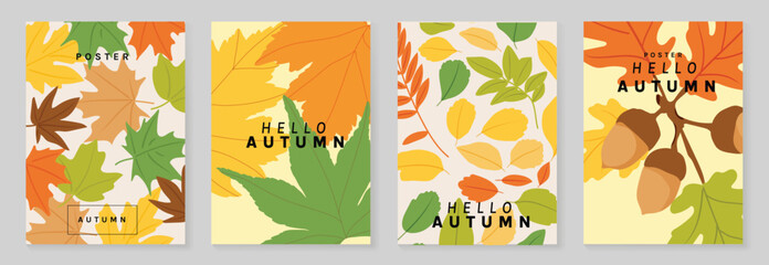 Naklejka premium Autumn poster templates vector set with falling leaves, foliage and abstract floral shapes in warm orange colors for seasonal greeting cards, Autumn pattern, banners and fall decoration