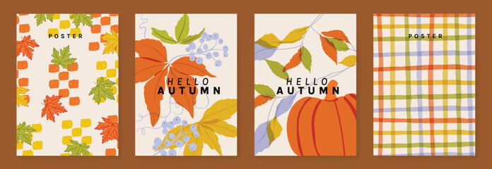 Naklejka premium Autumn poster templates vector set with falling leaves, foliage and abstract floral shapes in warm orange colors for seasonal greeting cards, Autumn pattern, banners and fall decoration
