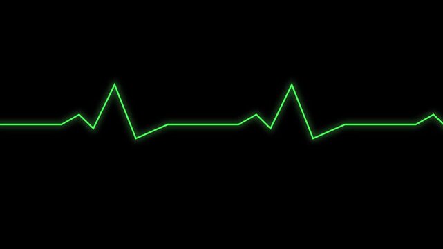 Neon green glowing heartbeat ekg line pulsing across a deep black minimalist digital background with electrocardiogram line rhythmically video displays glowing with clean minimalist style