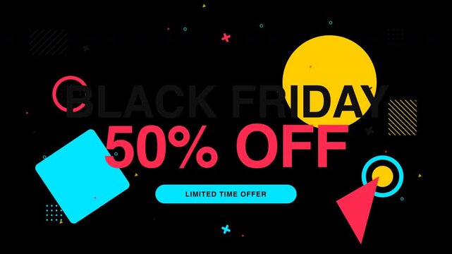 Modern Black Friday Sale Promotional Banner with Abstract Geometric Shapes and 50 Percent Discount Offer
