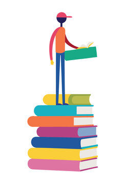 Stick figure reading atop a colorful stack of books vector illustration
