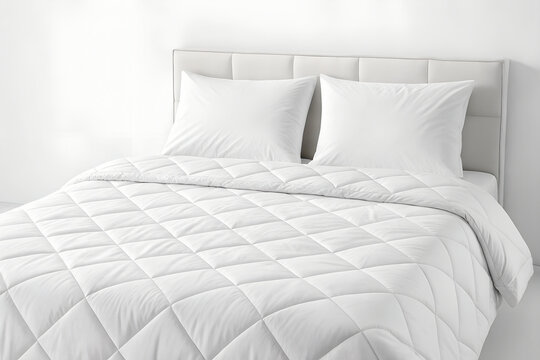 Overhead view of a perfectly made white bed with two pillows and fresh duvet isolated png.