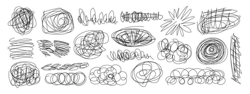 Chaotic pen sketches with tangled scribble lines and doodle circles vector illustration set. Ideal for school projects, handwritten journals, or adding messy artistic flair to creative designs.
