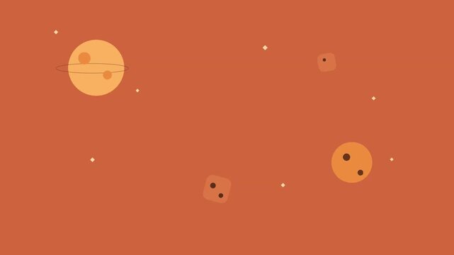Minimalist cosmic pattern featuring floating celestial bodies and abstract geometric shapes on warm orange background with video displays repeating pattern minimalist planets