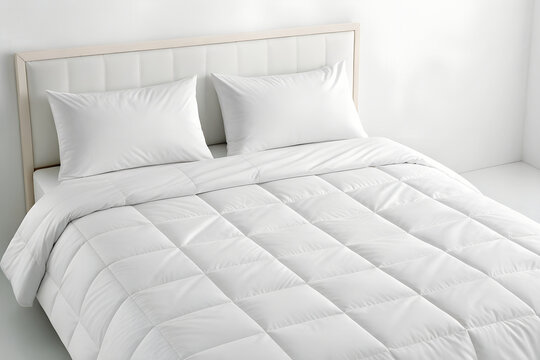 Overhead view of a perfectly made white bed with two pillows and fresh duvet isolated png.