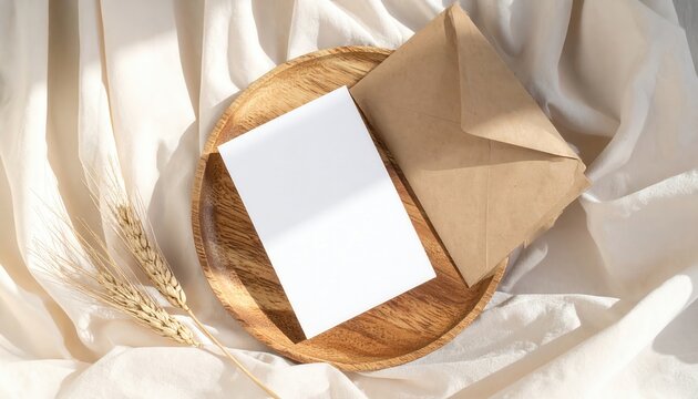 Vintage Wooden Photo Frame with Copy Space on Rustic Dining Table, Wedding Bread and White Plates in Cozy Kitchen Setting