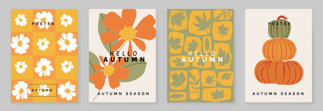 Autumn poster templates vector set with falling leaves, foliage and abstract floral shapes in warm orange colors for seasonal greeting cards, Autumn pattern, banners and fall decoration
