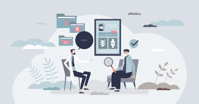 Health literacy illustration of a doctor and patient reviewing an EHR screen and files, conveying informed care and clear communication. Main objects, doctor, patient, EHR. Tiny style