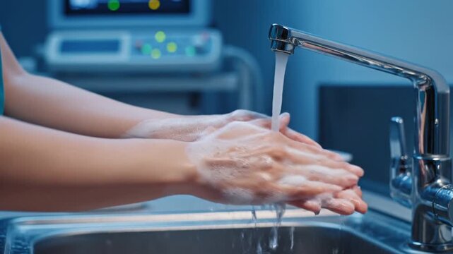 Close up on hands washing with soap and water medical equipment background