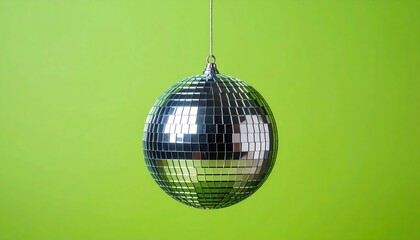 Obraz premium Green Disco Ball on a Vibrant Green Background with Shimmering Reflections, Retro Party Decoration for Dance, Nightclub, Music and Celebration Concept