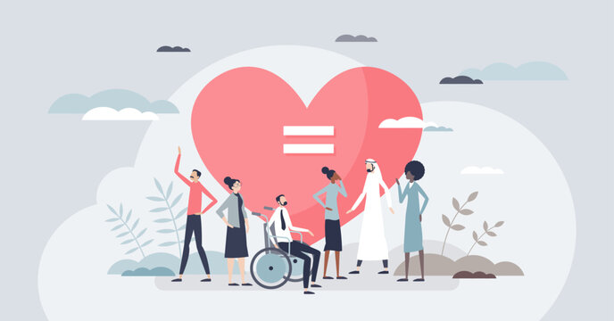 Health equity shown by a big heart with an equality sign and diverse people, including a wheelchair user, uniting for fair care access. Tiny style