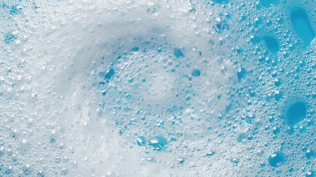 Close up swirling blue liquid with white foam bubbles