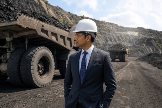 Professional executive inspecting large industrial dump truck at modern mining site with safety helmet, confident leadership