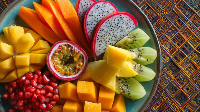 Fresh tropical fruit platter with mango, papaya, pineapple, guava and passion fruit, festive Brazil Independence Day styling, no humans