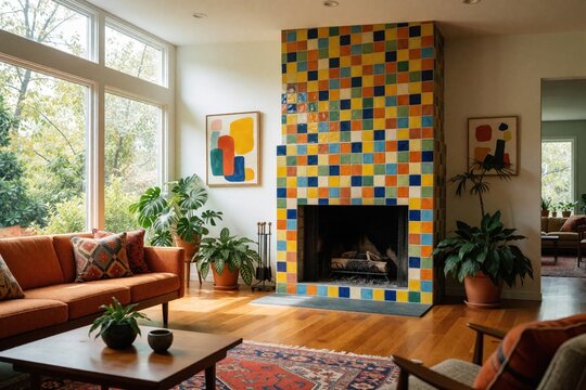 Bright living room features a vibrant tiled fireplace and orange sofa. Large windows offer garden views. Plants add greenery to the cozy interior space.