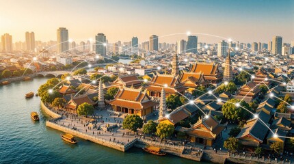 Fototapeta premium Aerial view of Bangkok city with ancient temples, modern skyscrapers. Digital network lines connect urban buildings, historic architecture. Smart city tech infrastructure uses ai, wireless