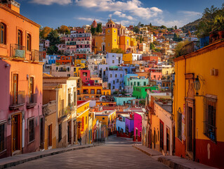 Fototapeta premium Guanajuato colorful colonial city on rolling hills, vibrant architecture, cobblestone streets, warm golden light, ultra photorealistic, no people