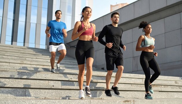 Group of Young Students and Friends Walking Together in a Modern City Street, Diverse Youth Team in Casual Fashion Enjoying Urban Lifestyle and Social Activities