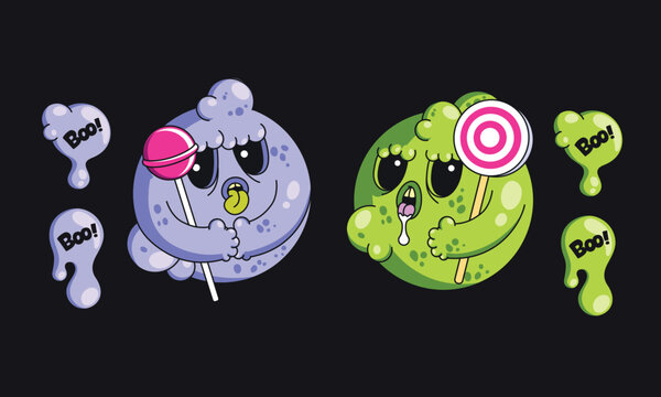 Cute zombie monster bubbles holding lollipops with gooey Boo text drops vector set