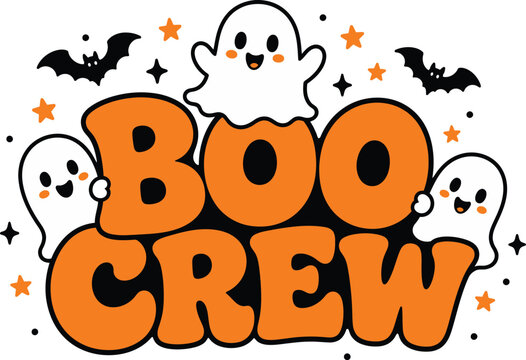 Boo crew typography with cute white ghosts peeking from behind bubbly orange letters for kids.