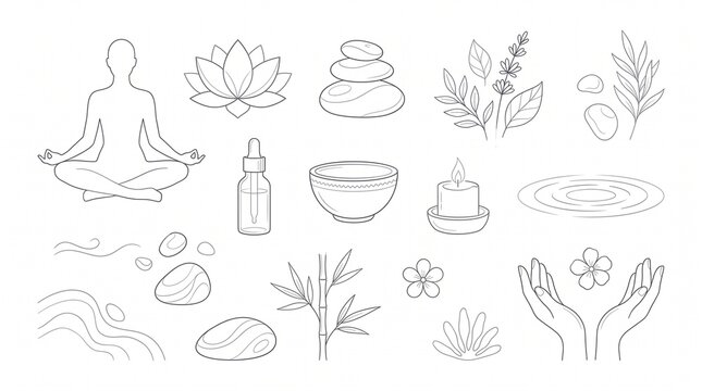 Minimalist spa line icons set, zen wellness symbols collection, black and white yoga and meditation illustrations for branding