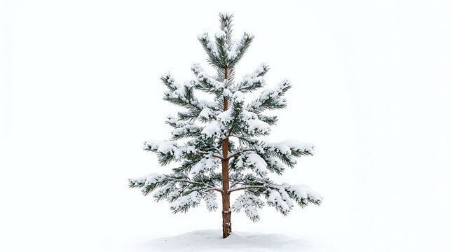 Small pine tree covered in fresh white snow isolated on white