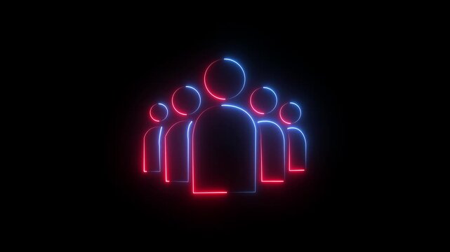 Social Media user icons, Neon blue outline, three stylized human figures on black background.