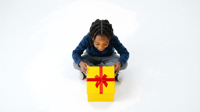 Young Black boy with braided hair eagerly opens a bright yellow gift box with a red ribbon on a clean white background White Background