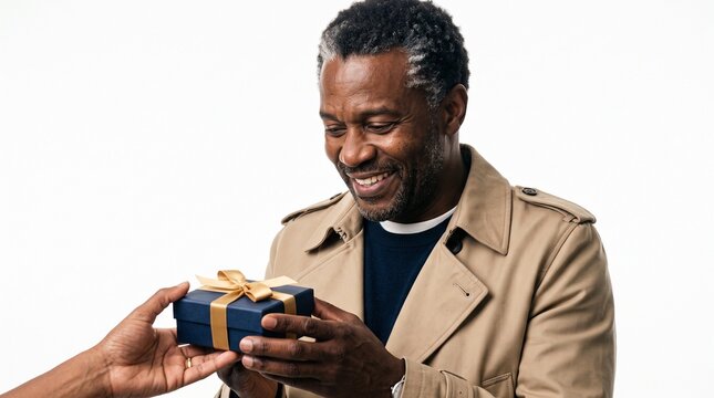 Smiling Black man receiving a blue gift box with a gold ribbon, celebrating the holiday season White Background