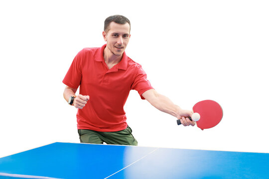 Young male table tennis player making drive or top-spin move, holding a red racket with focused energy, isolated on white background. Sport concept.