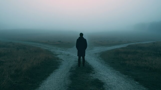 Crossroads of Decision: A solitary figure stands at a fork in a misty rural road, symbolizing a moment of profound choice and the uncertain path ahead.