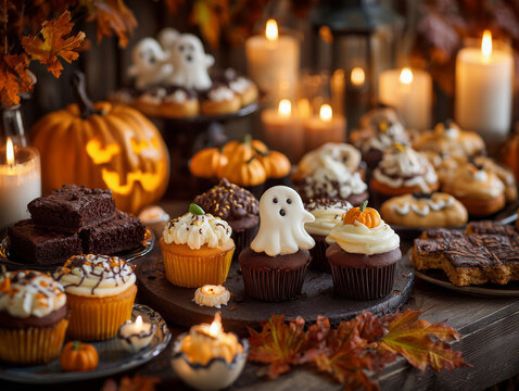 Halloween dessert table filled with pumpkin cupcakes, ghost cookies, chocolate brownies and spooky decorations, glowing jack o lanterns, candles, autumn leaves, premium food photography