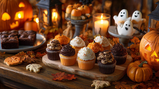 Halloween dessert table filled with pumpkin cupcakes, ghost cookies, chocolate brownies and spooky decorations, glowing jack o lanterns, candles, autumn leaves, premium food photography