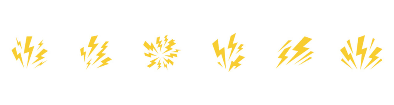 Yellow Thunderbolt Shock and Lightning Burst Cartoon Icons, Loud Noise Sound Effects, Electric Flash Symbols for Action, Power and Danger