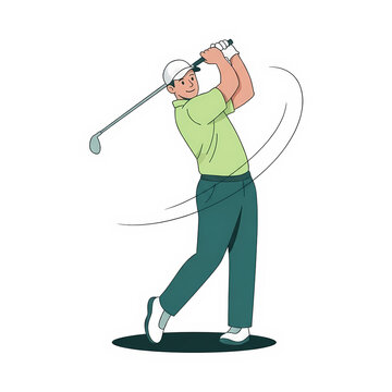 Man playing golf swinging a club on the field isolated on white background, illustration