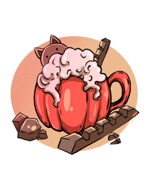  Cute Pumpkin Spice Latte Cup with Whipped Cream, Chocolate Topping and Cat Shape Emblem, Autumn Coffee Beverage Digital Illustration
