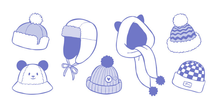 Hand-drawn vector line art collection of winter hats. Beanie styles, bobble caps, earflap trappers, and knitted headwear. Outline clipart for web, posters, cards, stickers, or print. 
