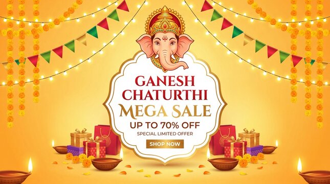 Ganesh Chaturthi Mega Sale Banner with Lord Ganesha Festival Discount Offer for Retail Marketing Promotion