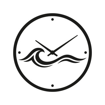 Vintage clock wave logo vector, retro ocean tide watch icon, black and white marine time concept graphic vector