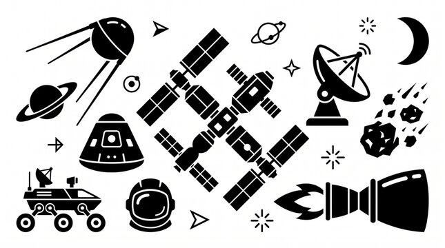 Minimalist space exploration icons set, black silhouette astronaut and satellite symbols, cosmic galaxy elements for infographics
