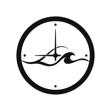 Minimalist wave clock logo vector, modern ocean time icon, simple black and white sea wave watch graphic for branding vector