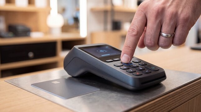 A person using a contactless payment terminal to pay with a credit card at a wooden counter ad social media download thambnail poster web template event festival 2026 2027 2028