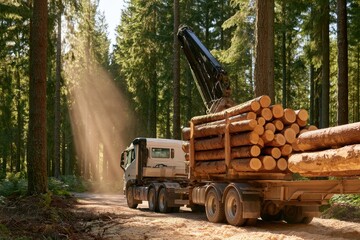 Fototapeta premium Forestry logistics with knuckle boom crane mounted on truck loading timber in sunny forest